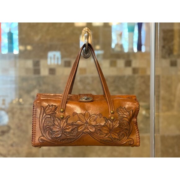 Handcrafted Embossed Leather Floral Vintage Handbag With Top Lock Closure & Brai - Picture 1 of 8